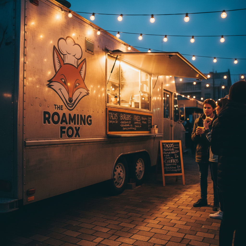 Plancha food truck side panel glowing warmly under string lights at dusk