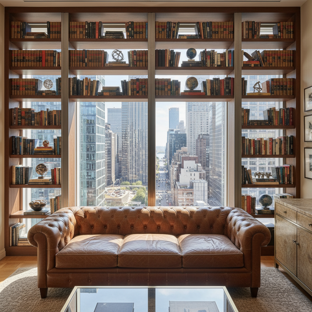 Executive suite with floor-to-ceiling bookcase, leather sofa, and a view of the financial district