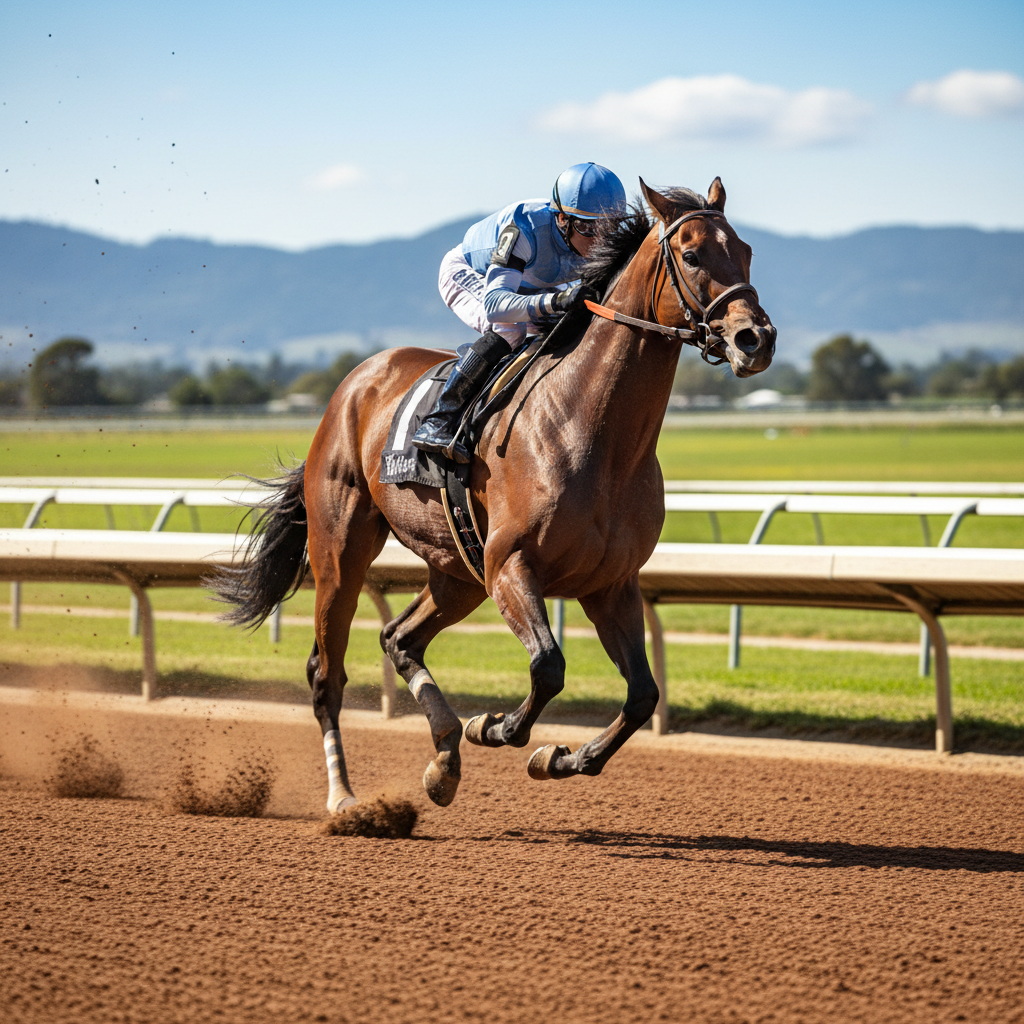 Thoroughbred racehorse galloping on a track at dawn with jockey