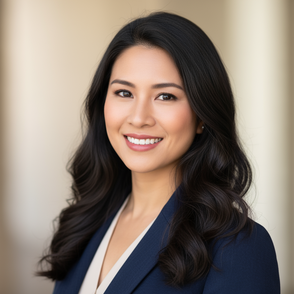 Professional woman with blonde hair in navy blazer smiling confidently