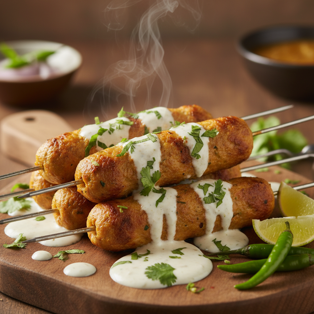 Creamy white reshmi kebabs on charcoal grill with saffron-yellow streaks and fresh mint