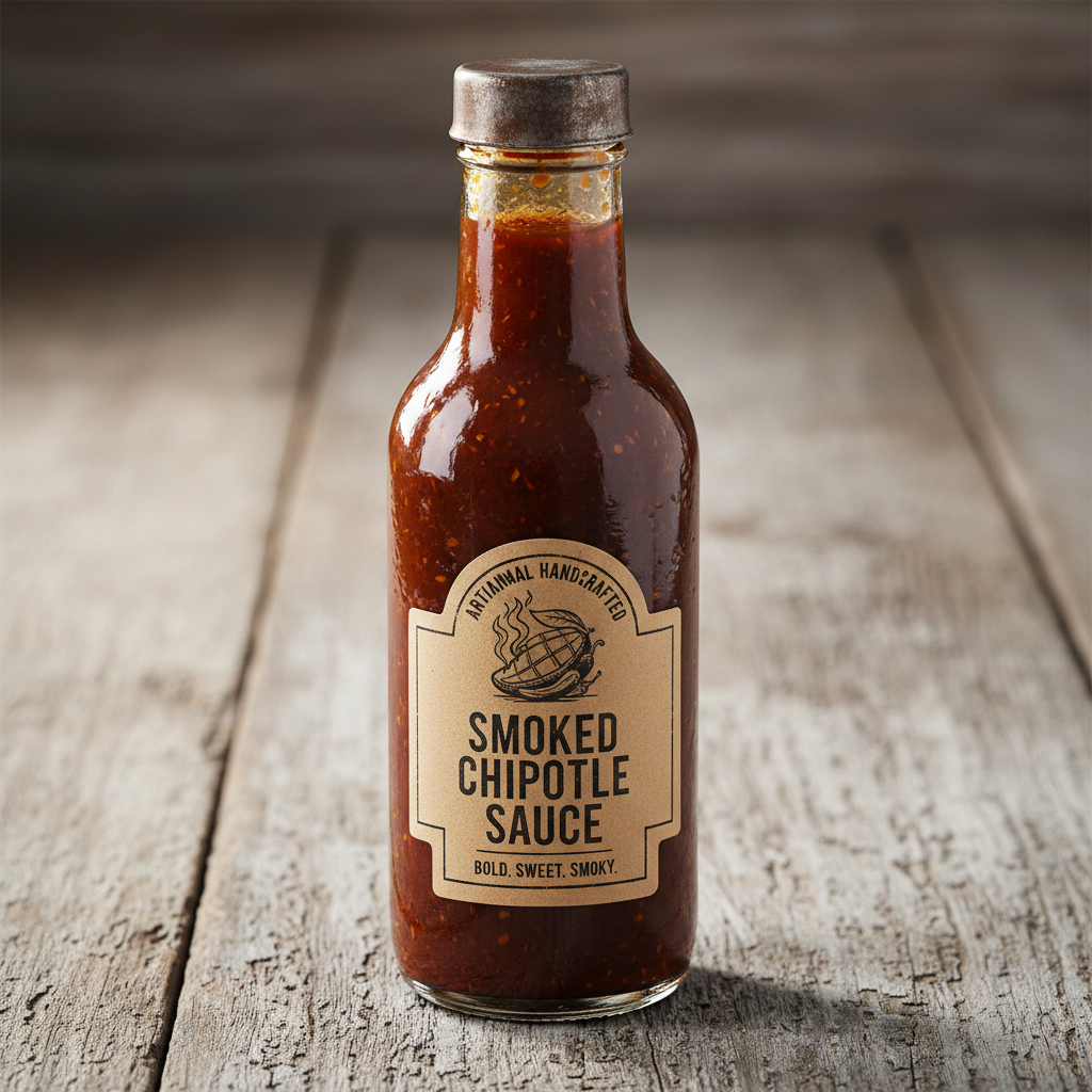 Dark amber smoked mango chipotle sauce in a rustic bottle with kraft paper label