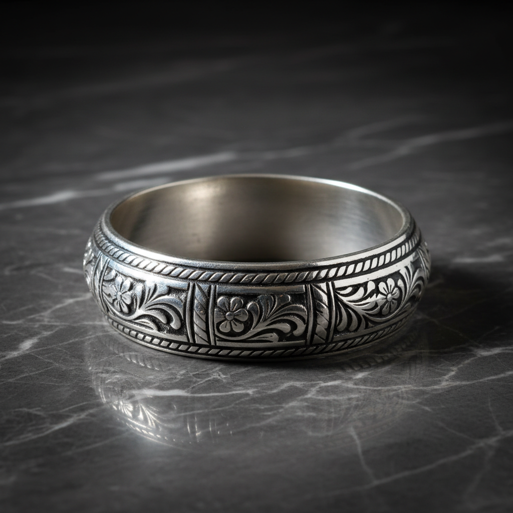 Heavy silver kadas with oxidized finish on dark slate background