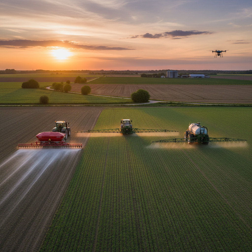 Agricultural fertilizer application equipment showing different spreading and application methods