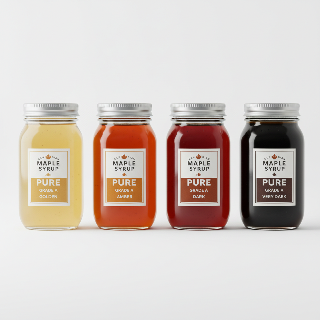 Four mason jars of maple syrup ranging from pale gold to dark amber brown, held against a white background
