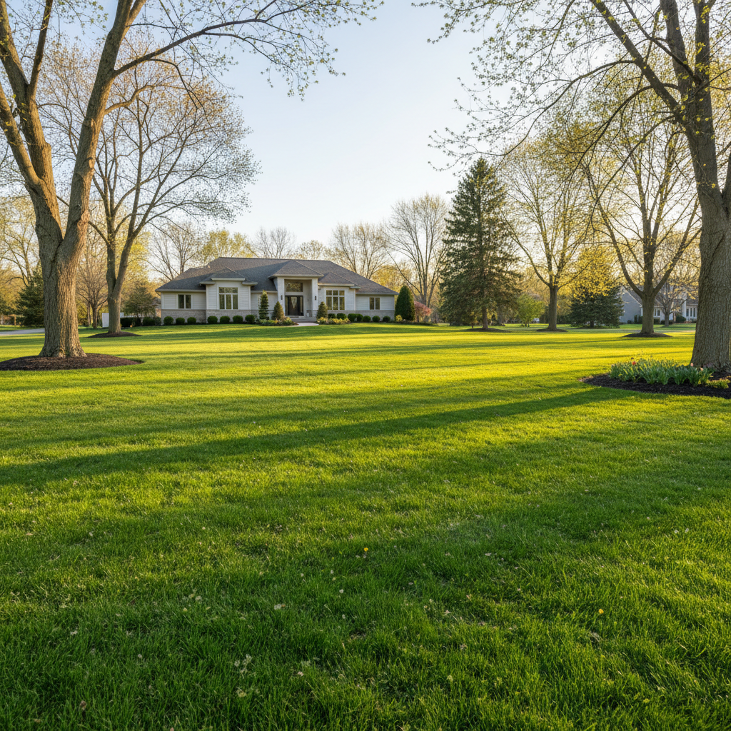Clean yard after fall leaf removal showing healthy green grass