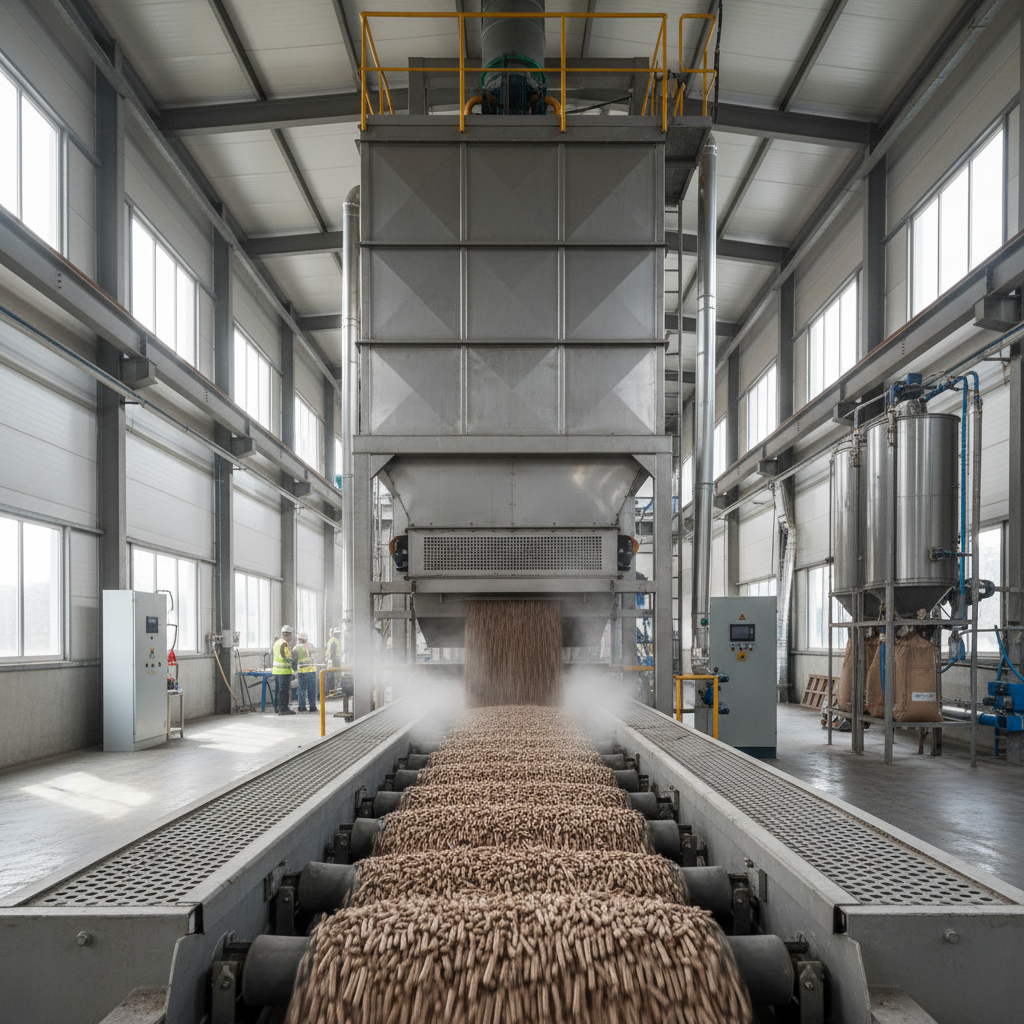 Industrial counter-flow pellet cooler with conveyor system in a biomass manufacturing plant, pellets visible on belt