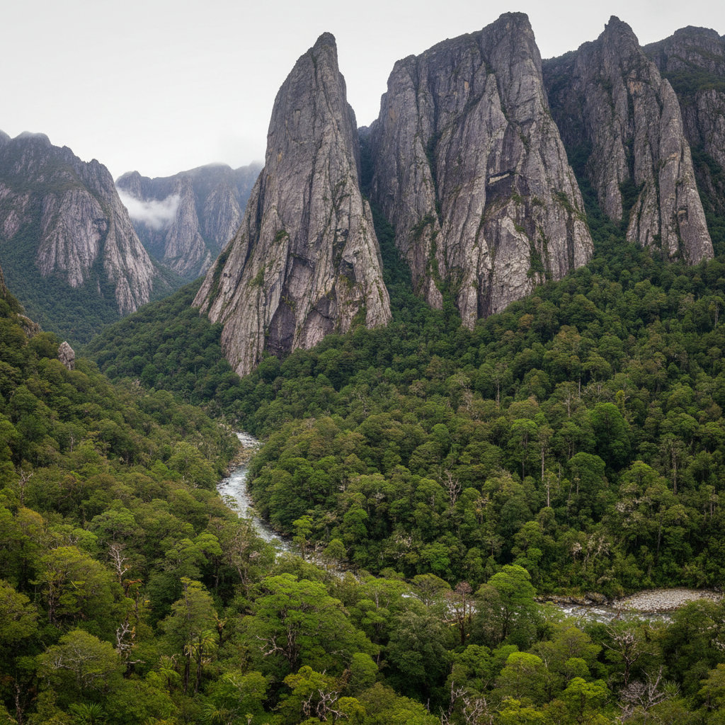 Torres de granito del Valle de Cochamó con selva nativa