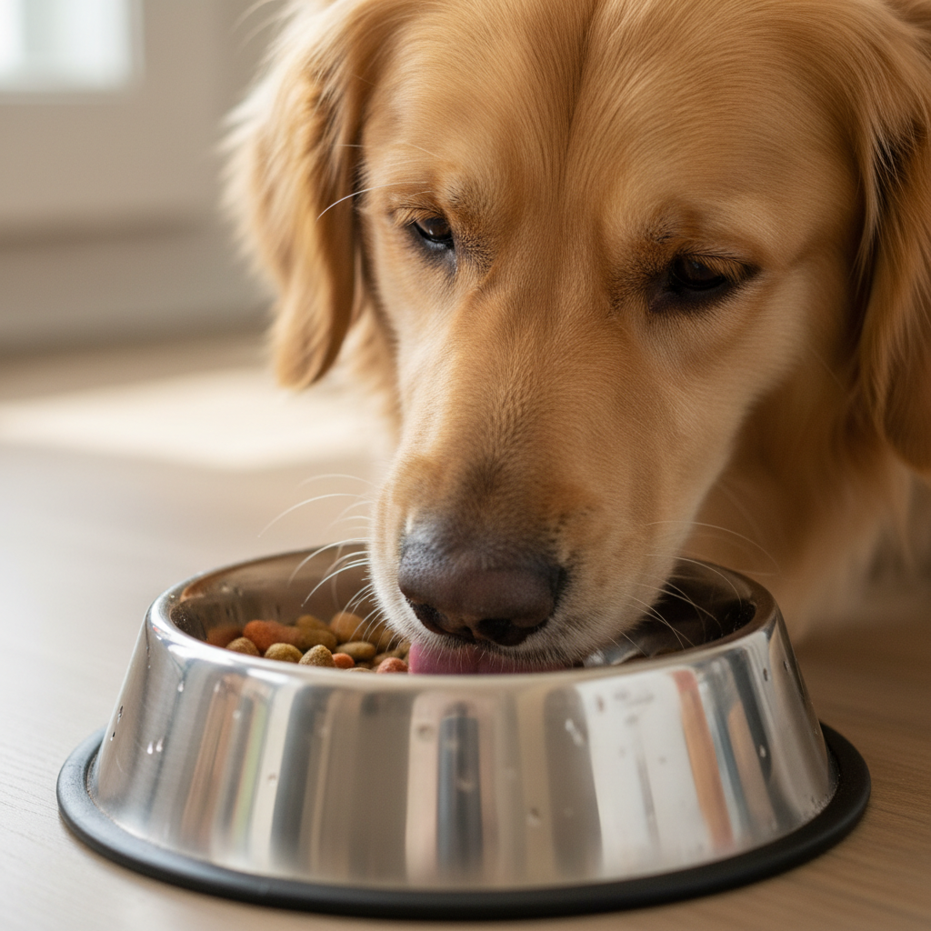 Dog eating from a stainless steel bowl with measured portion