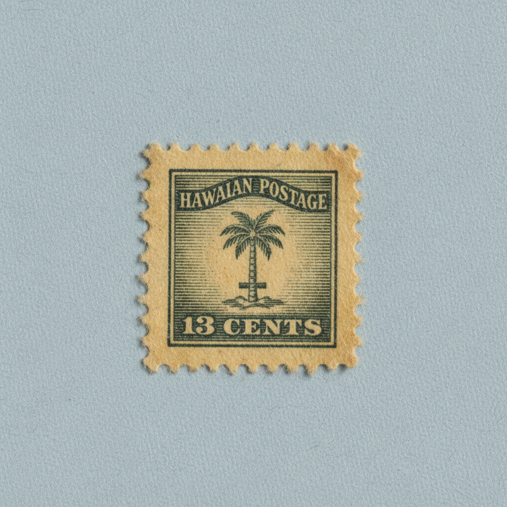 Rare Hawaiian Missionary stamp with frayed edges on pale blue paper showing missionary design