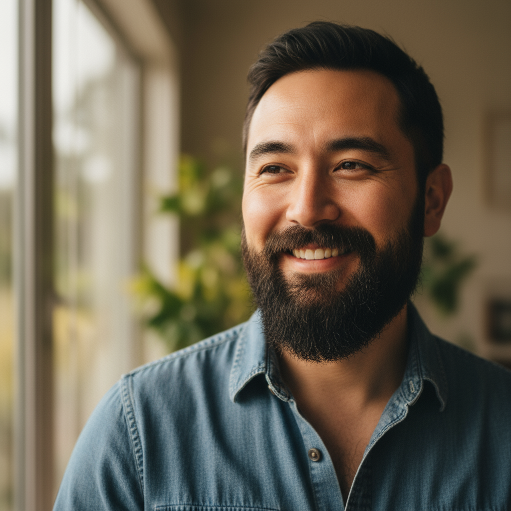 Asian man in casual shirt holding chocolate Labrador puppy with warm smile