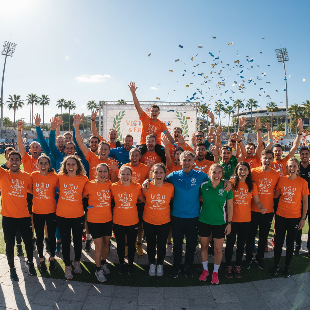 Volunteers cheering and celebrating with athletes at a Special Olympics event, joyful group moment