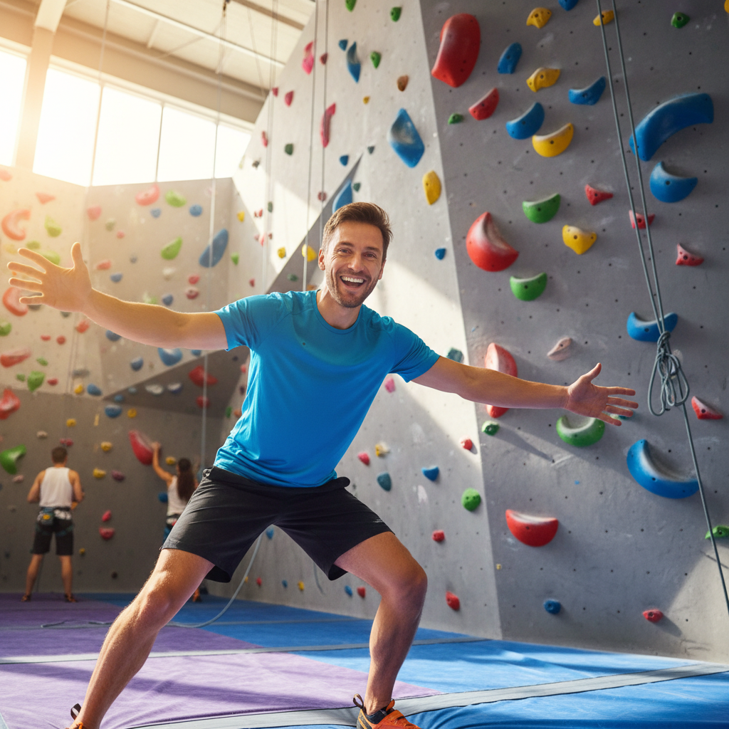 Smiling parent at climbing gym