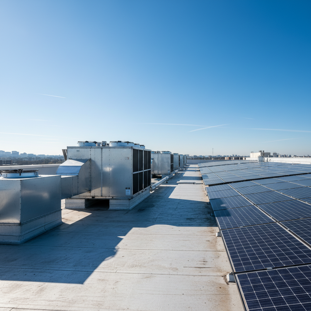Solar panels on industrial rooftop under bright clear sky, aerial view, warm golden light, dark steel framing