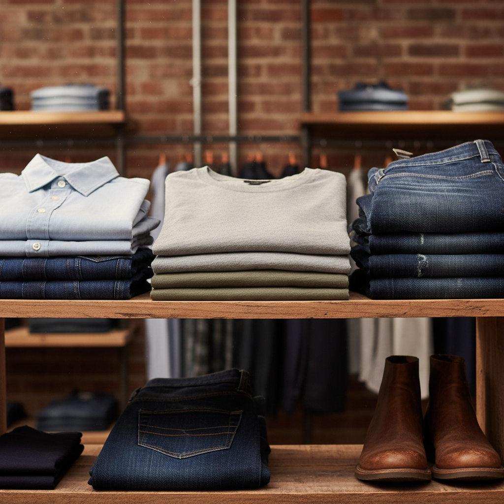 Roupas masculinas casuais modernas, camisetas e bermudas dobradas em prateleira organizada