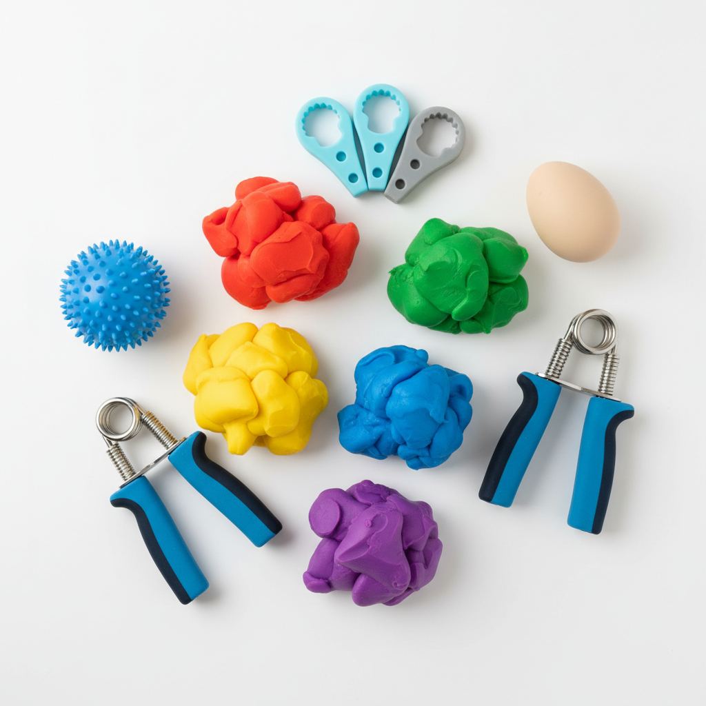 Physical therapy massage tools and recovery equipment on clean neutral background