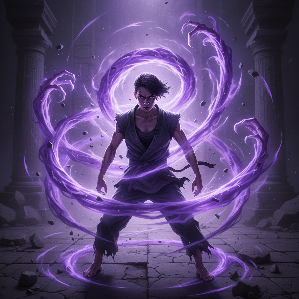 Dark supernatural anime scene with cursed energy glowing purple around a young fighter