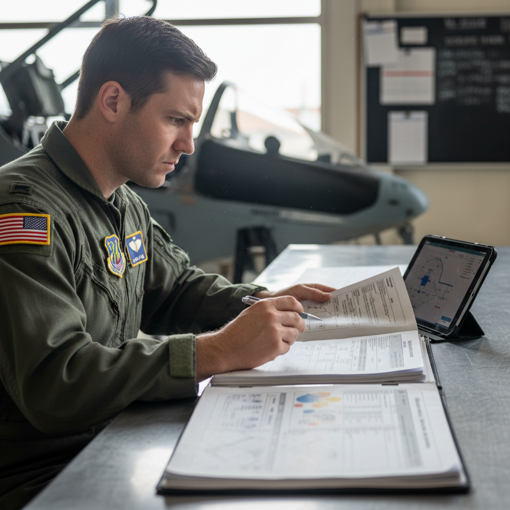 Military aviator in flight suit reviewing mission documents before helicopter flight
