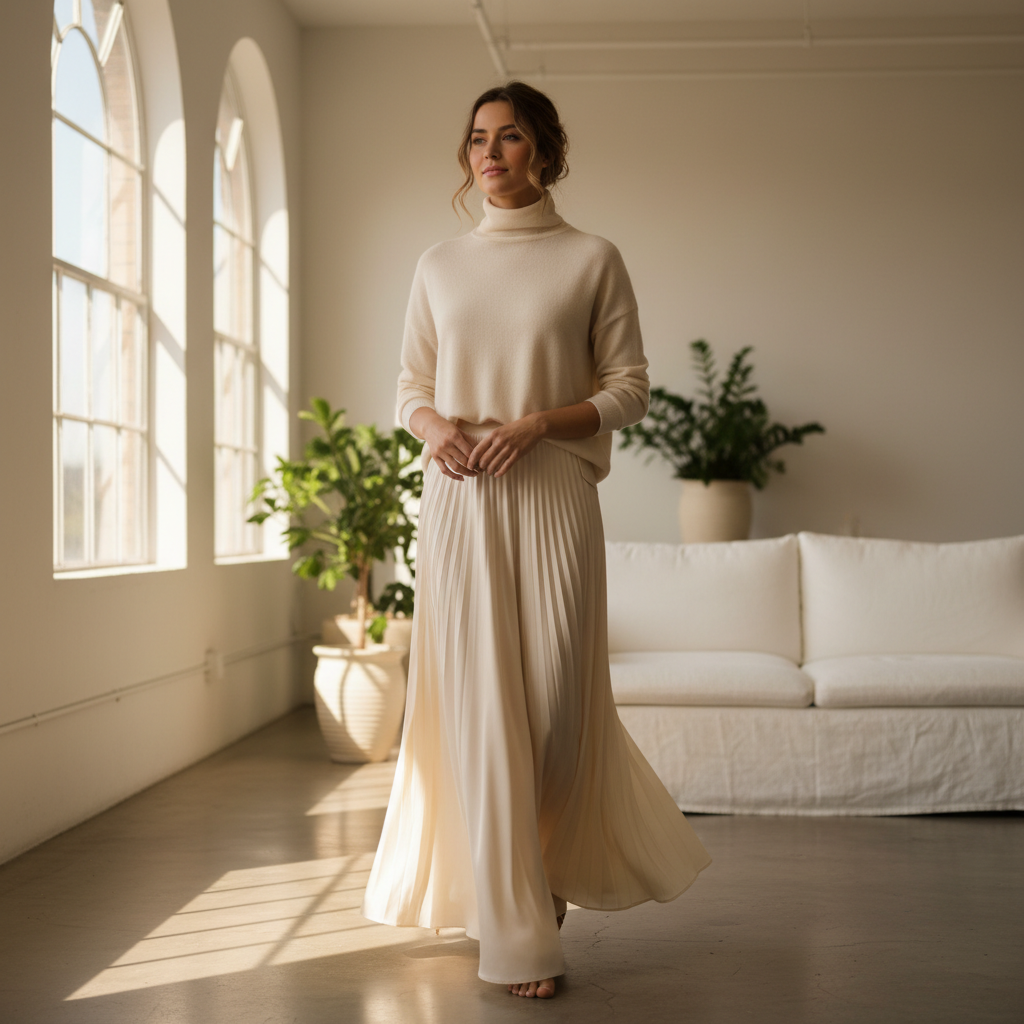 Elegant womenswear collection, cream silk dress in bright studio, airy natural light