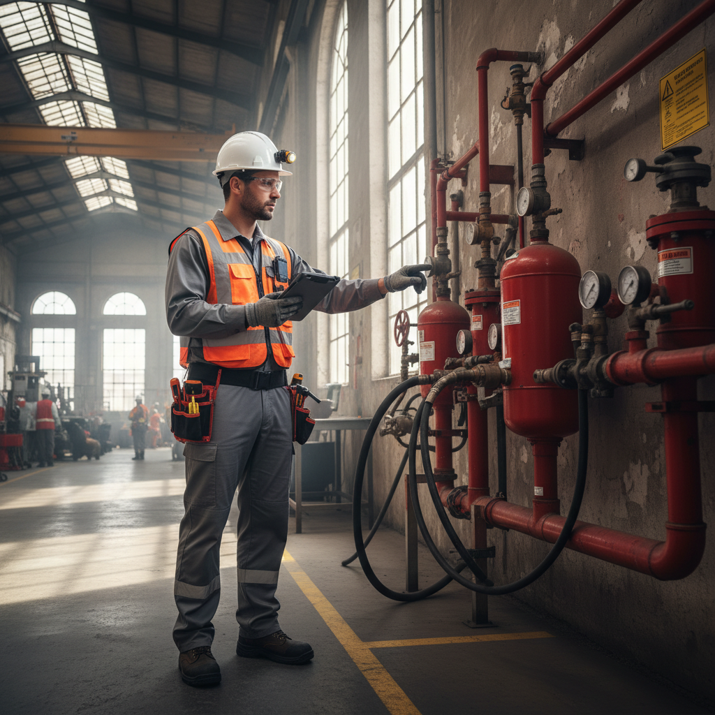 Safety inspector in yellow hard hat and vest examining electrical safety equipment with clipboard