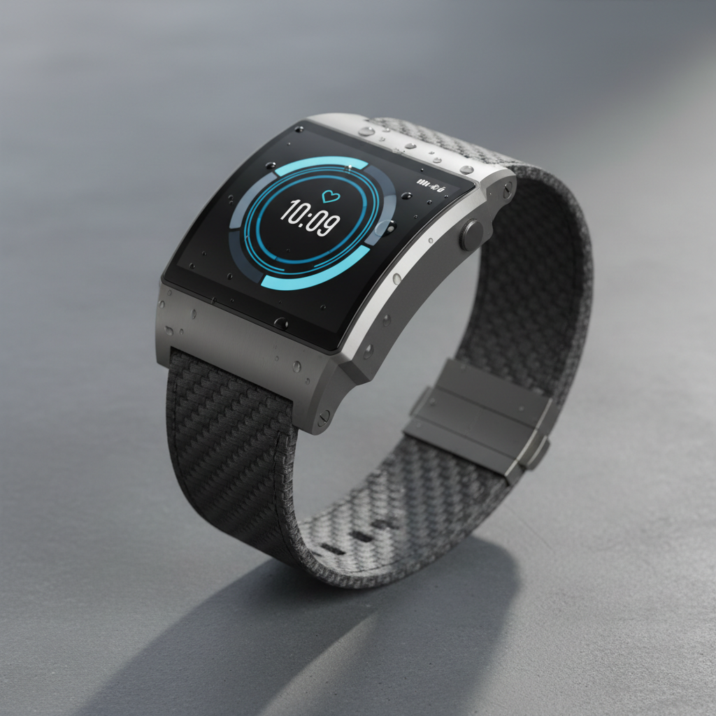 Sleek smartwatch on dark wrist, dramatic side lighting, premium product shot