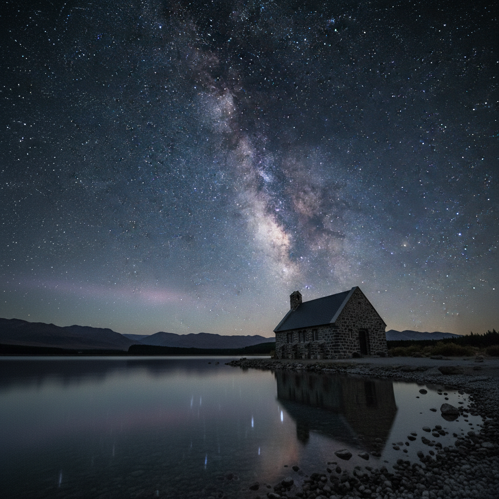 Lake Tekapo Church of the Good Shepherd with Milky Way and Aoraki/Mt. Cook in the background