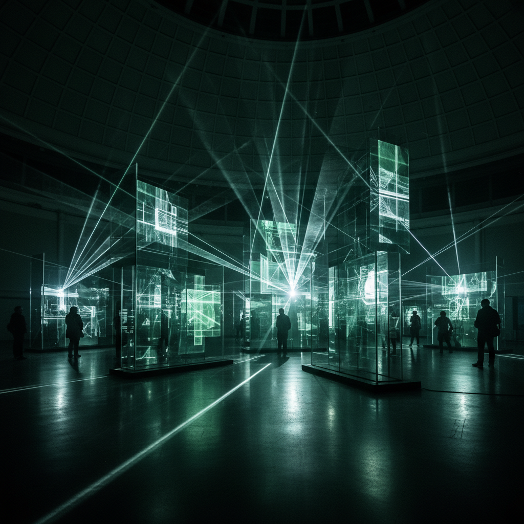 Laser sculpture installation casting green and white light patterns