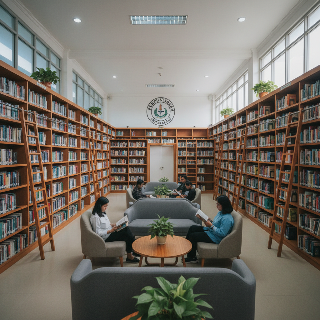 School library with bookshelves, reading tables, warm natural light, welcoming study space