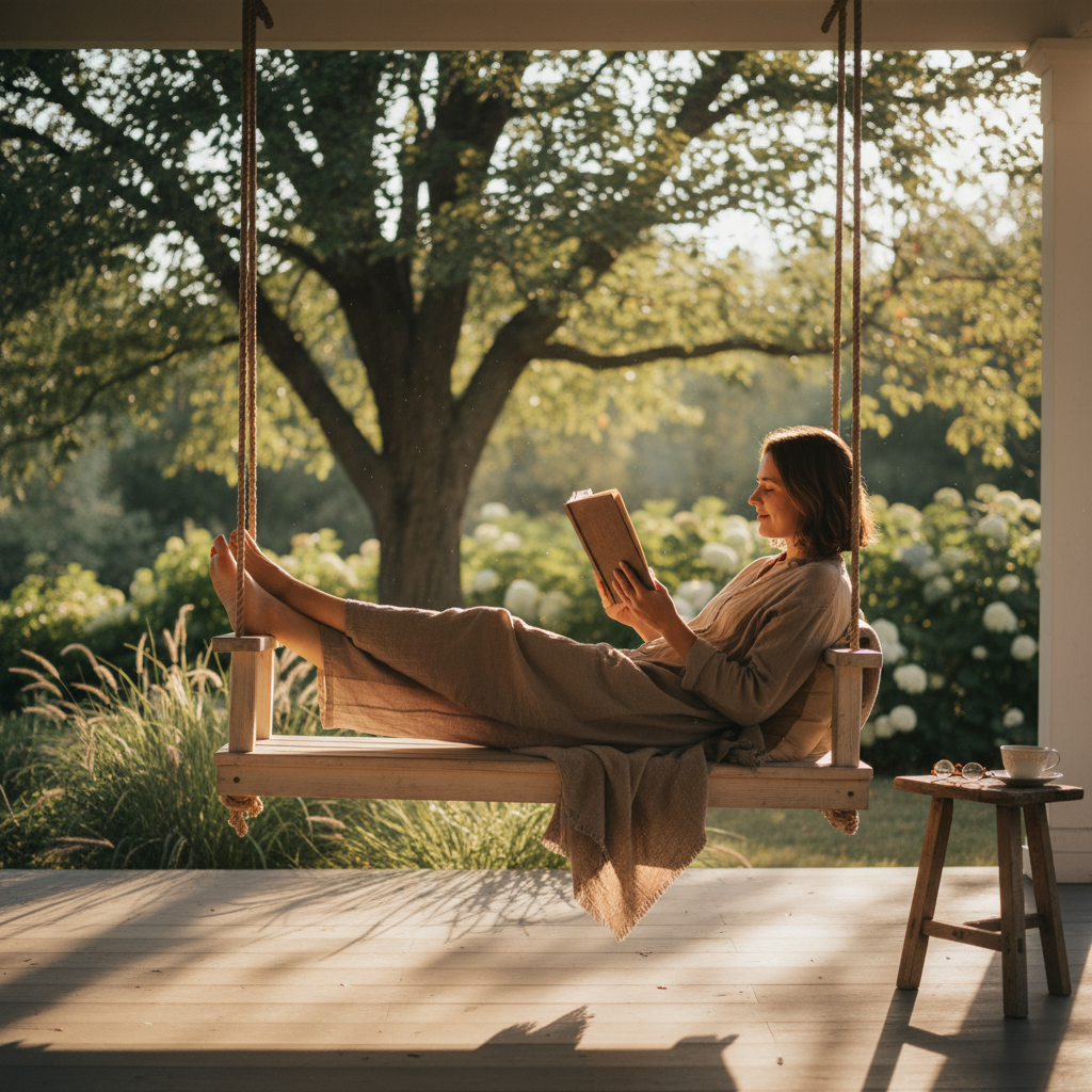 Sitter reading on a sunlit porch swing with golden afternoon light