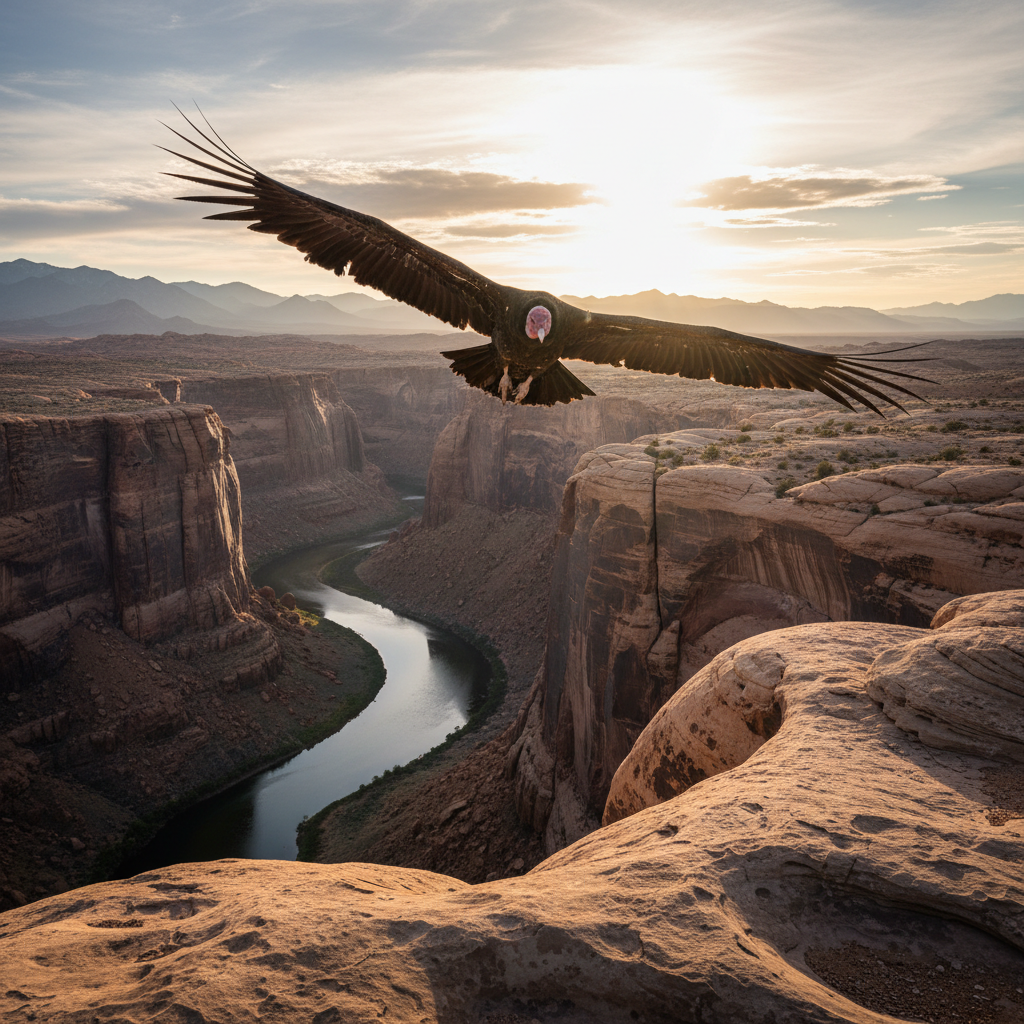 California condor soaring over rocky cliffs with wings fully extended