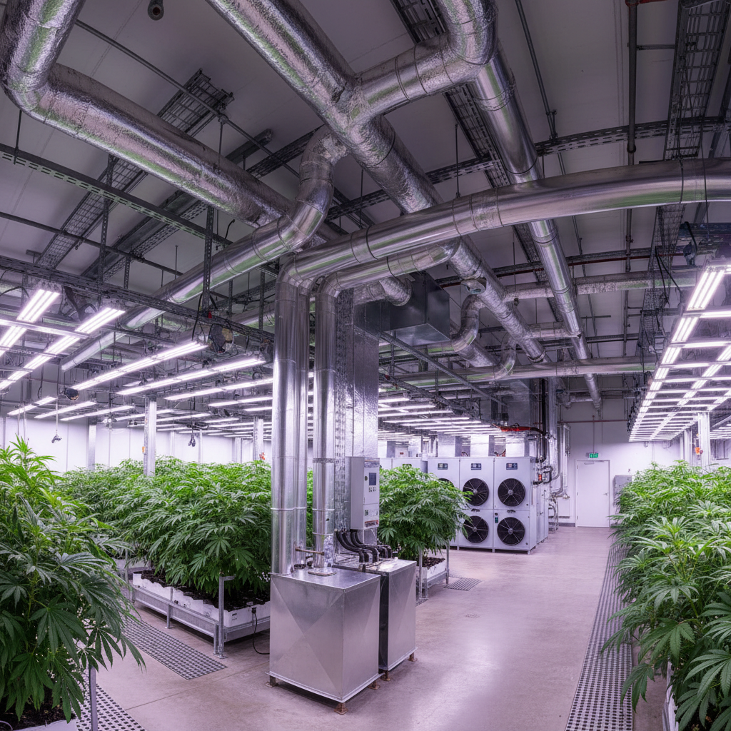 Industrial HVAC ductwork and distribution systems in a climate-controlled cultivation facility