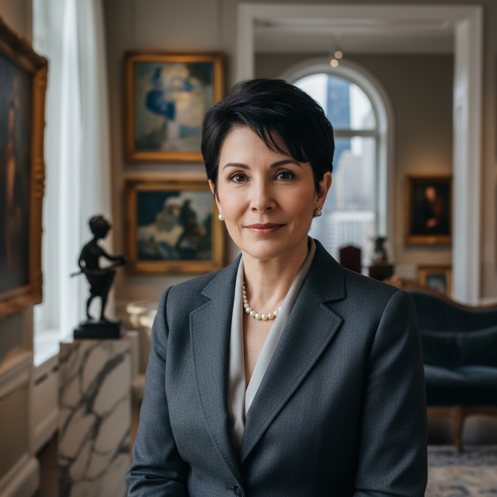 Margaret Halvorsen, private art collector from Chicago with short dark hair and professional attire
