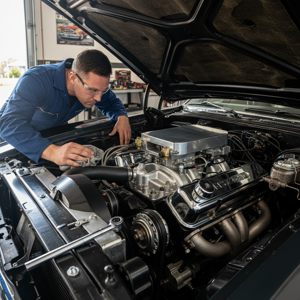 Clean engine bay with properly torqued components and calibrated torque wrench visible