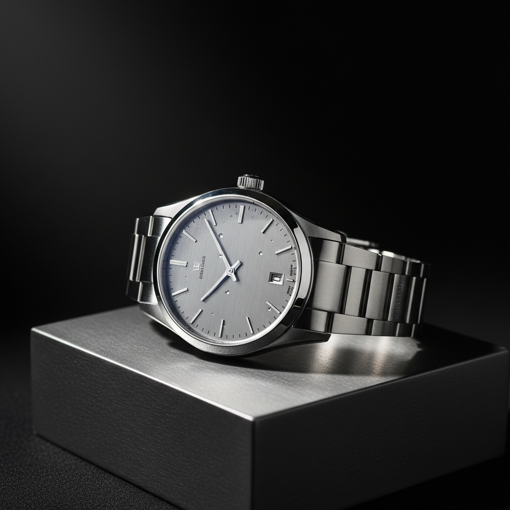 Sleek product flat-lay on dark textured surface, luxury brand packaging, moody studio lighting with deep shadows