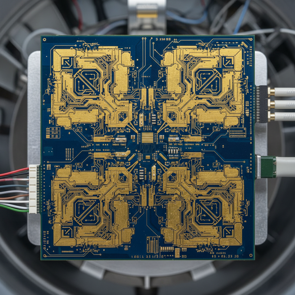 Quantum computing chip under electron microscope, dark background with teal and gold particle trails