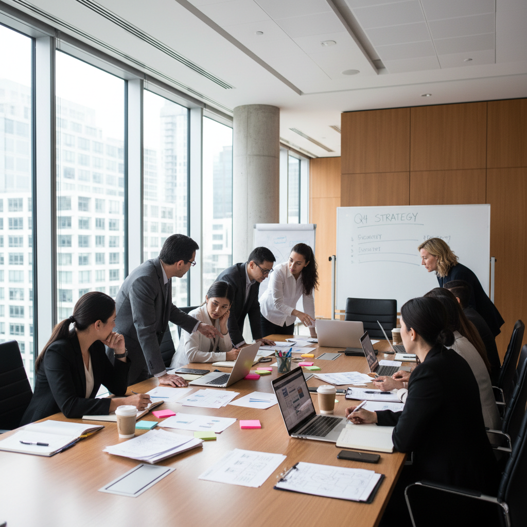Executive leadership workshop with participants engaged in strategic discussion around a large conference table