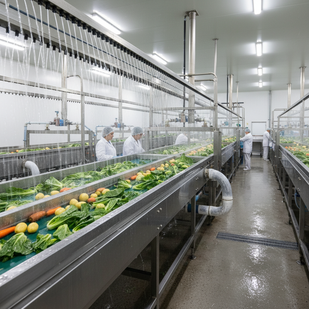 Industrial food washing line with water jets cleaning fresh vegetables on stainless steel conveyor