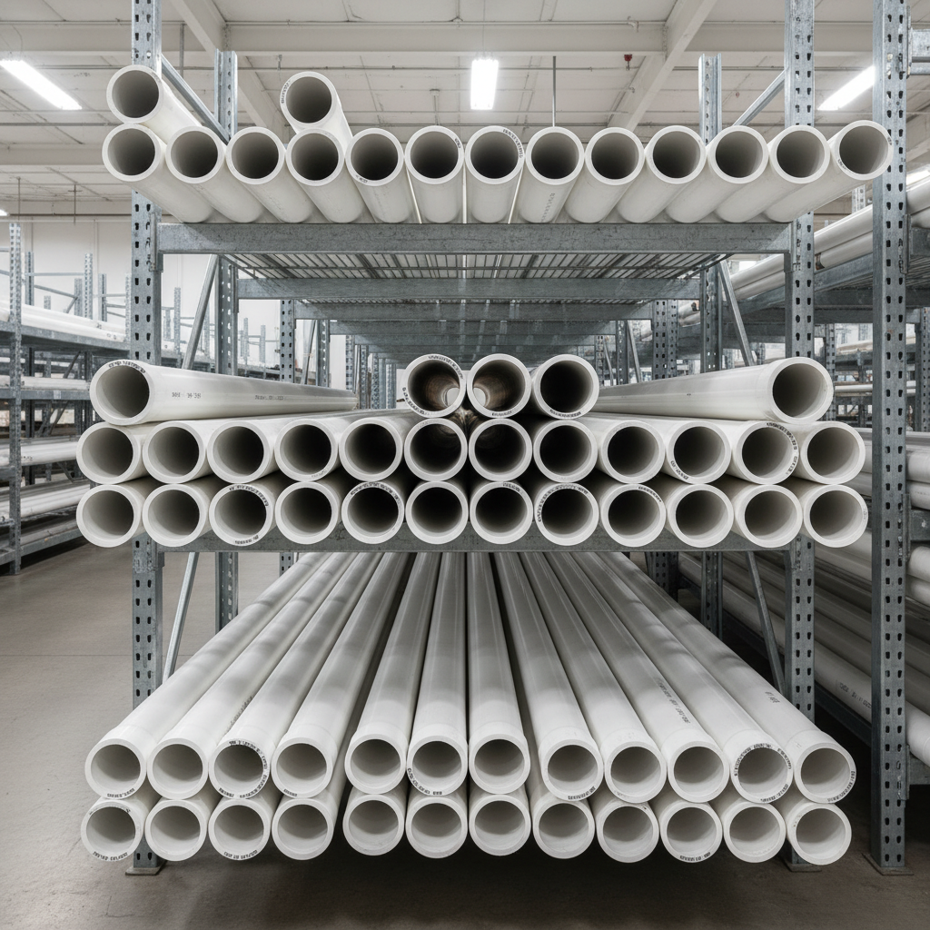 Blue and white PPR plumbing pipes stacked in well-lit hardware store, clean background