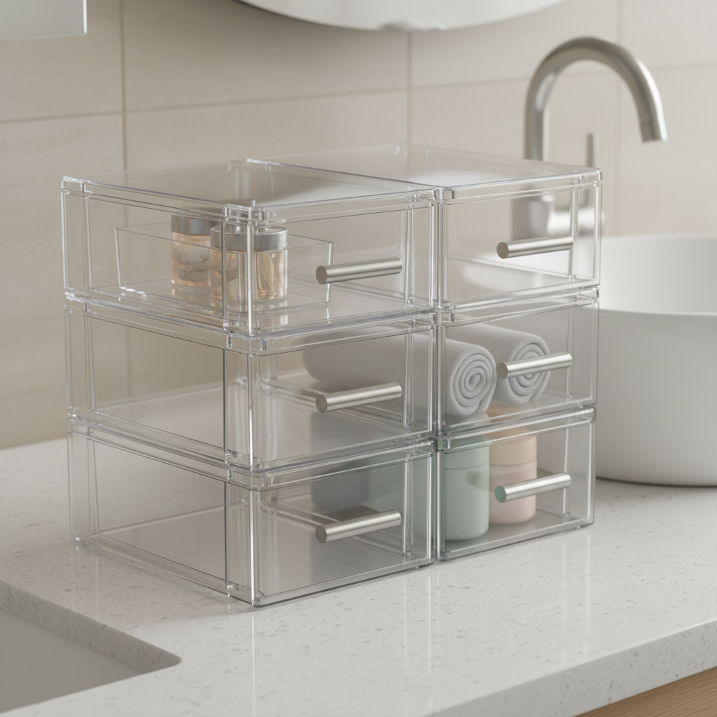 Under-sink bathroom organiser with stackable containers and drawer units