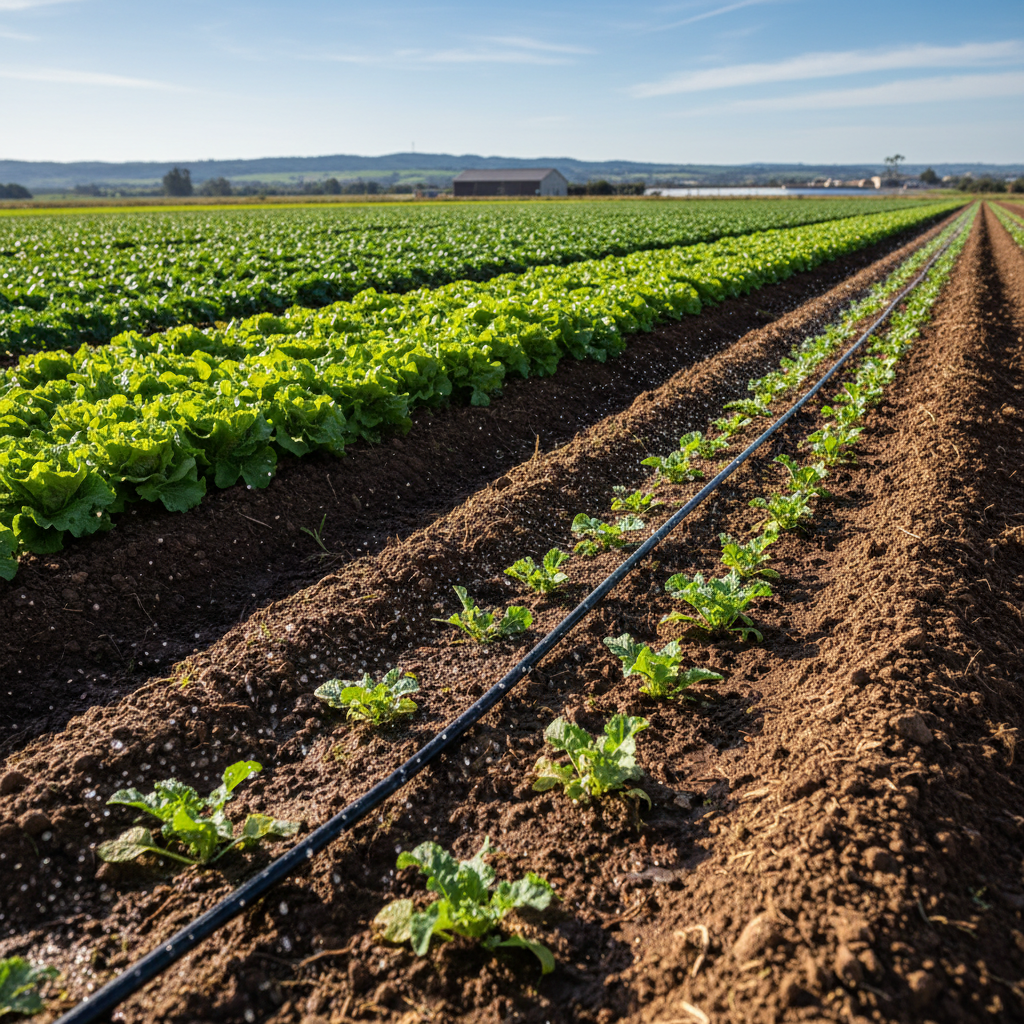 Drip irrigation lines running along rows of organic vegetable plants in a green farm field