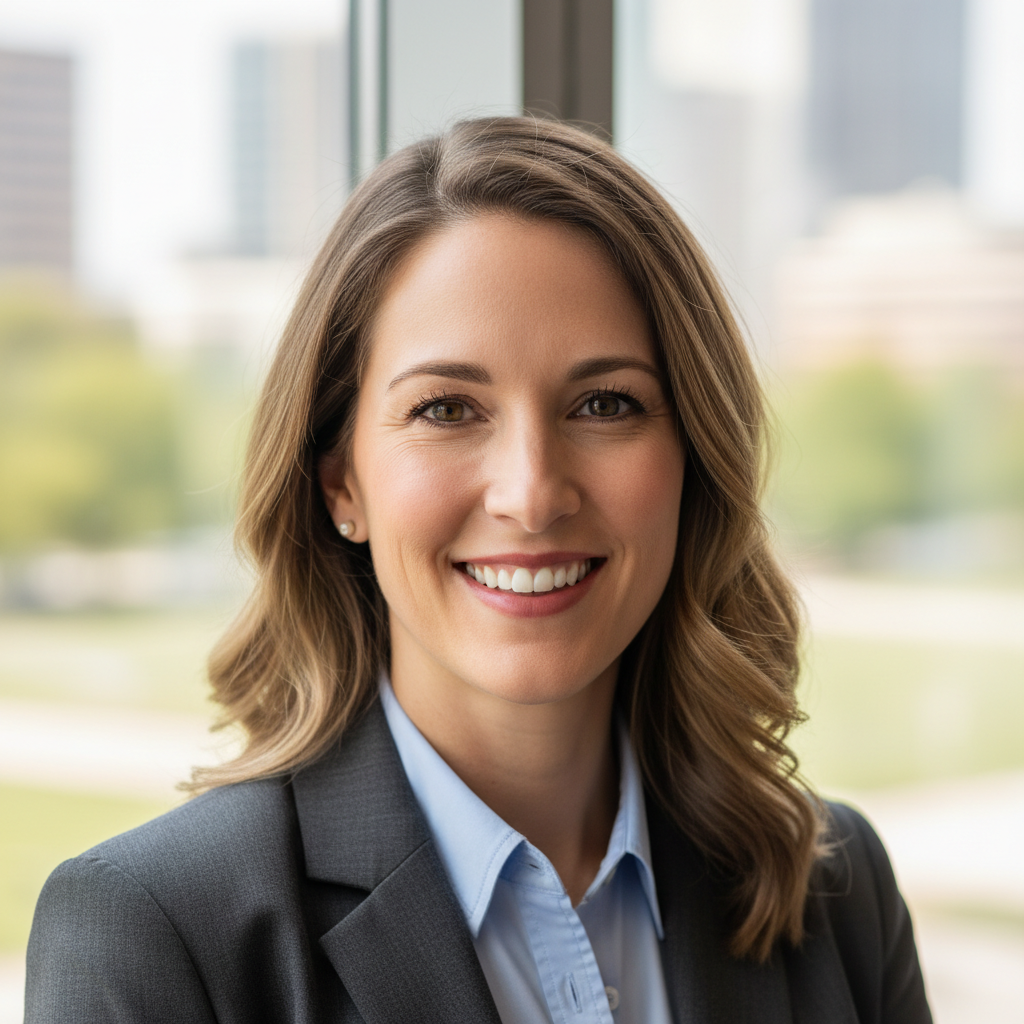 Professional headshot of woman with blonde hair in business suit smiling professionally