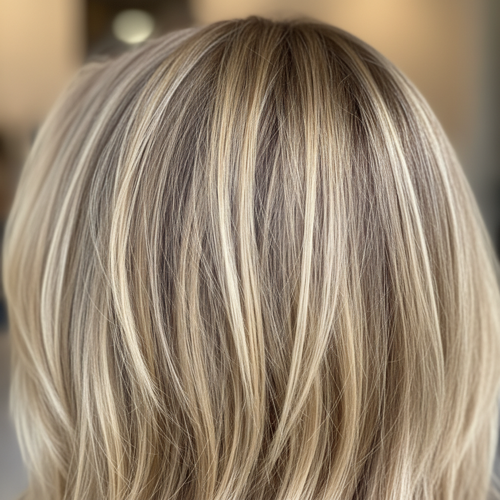 Jess's foilyage work showing high contrast blonde pieces with shadow root