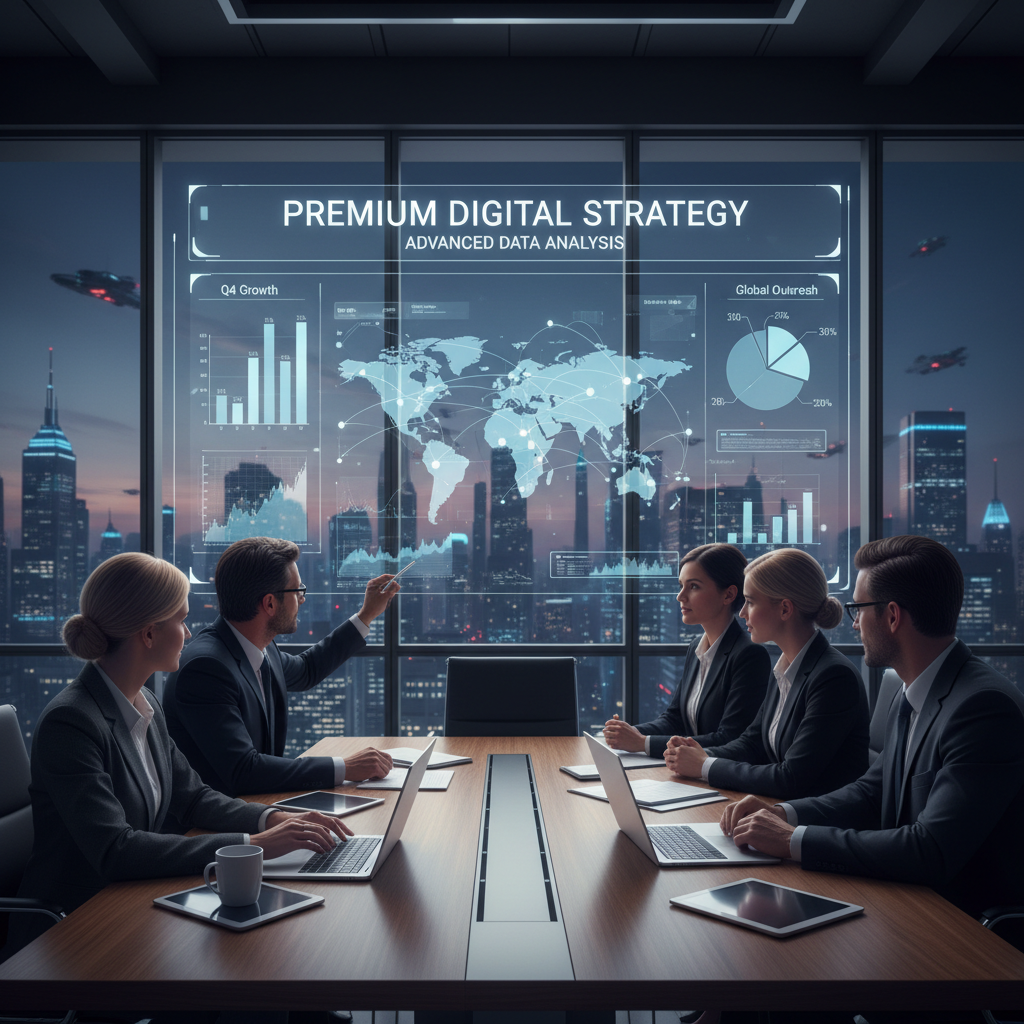 Futuristic digital workspace with advanced technology and creative professionals planning strategies