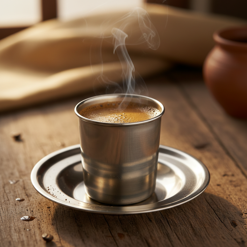 Traditional South Indian filter coffee in steel tumbler and davara, dark background, warm amber steam rising, moody atmospheric lighting