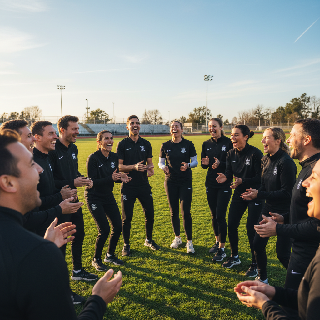 Group of coaches mid-laugh during a circle session