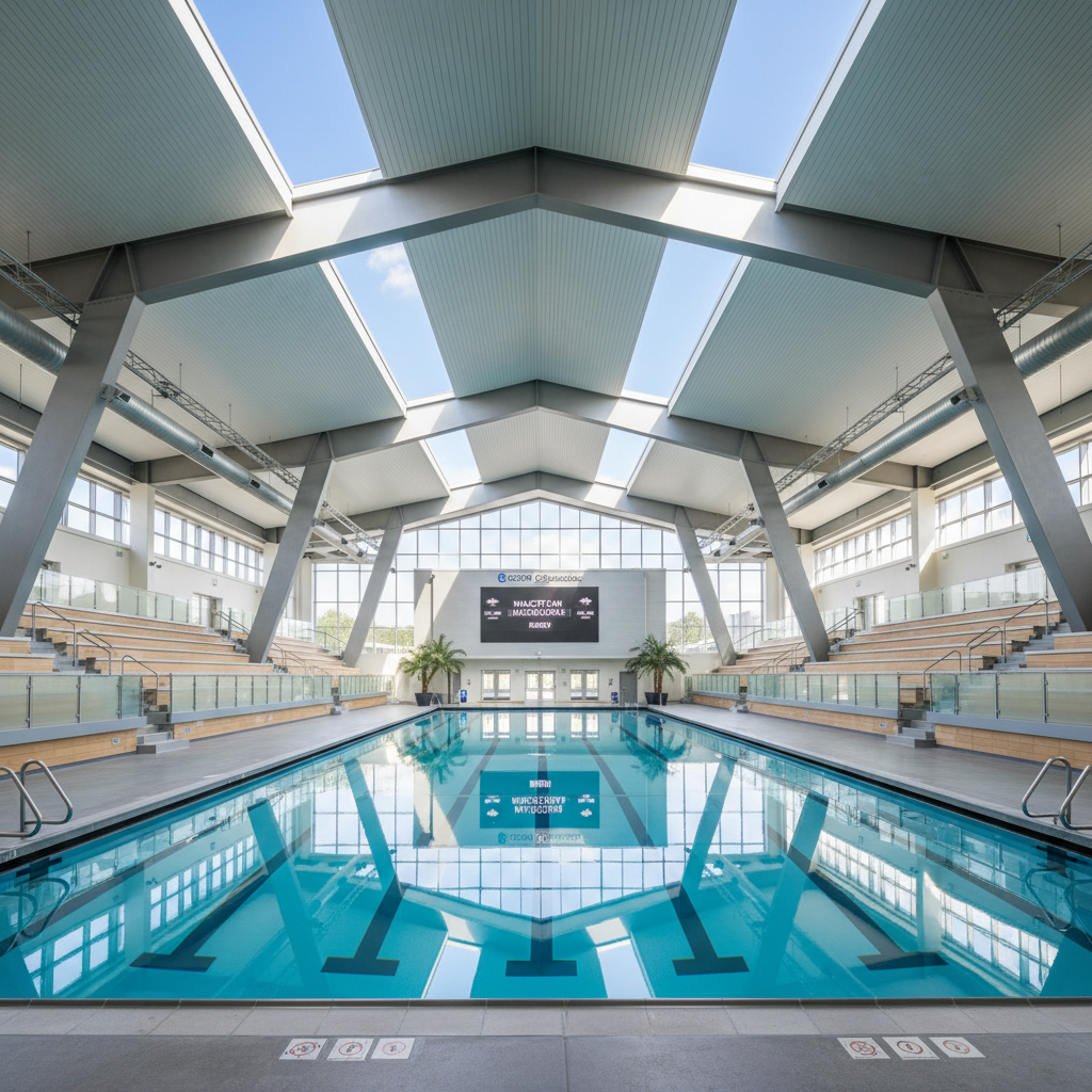 Halcyon Natatorium interior showing Olympic competition pool with retractable roof open, Austin Texas