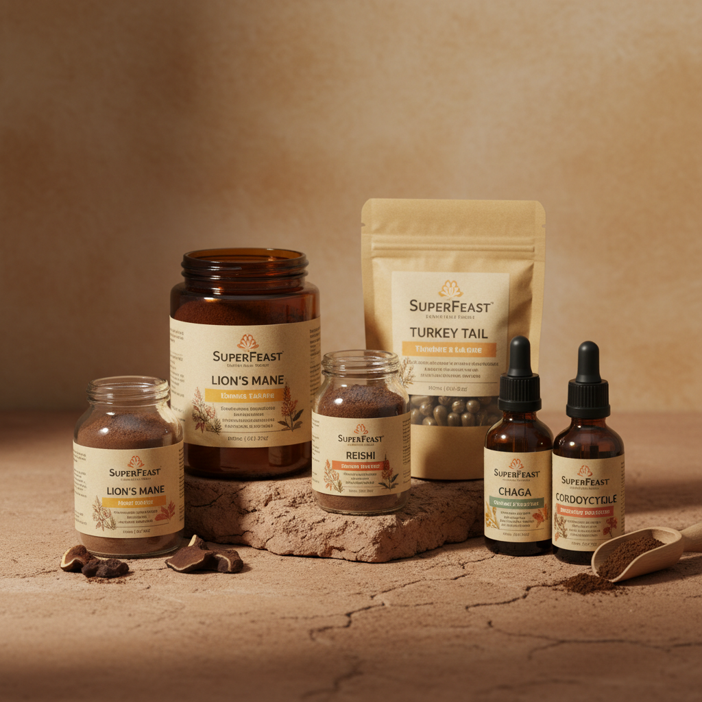 SuperFeast homepage — Australian medicinal mushroom brand with earthy tones, product quiz and bestsellers