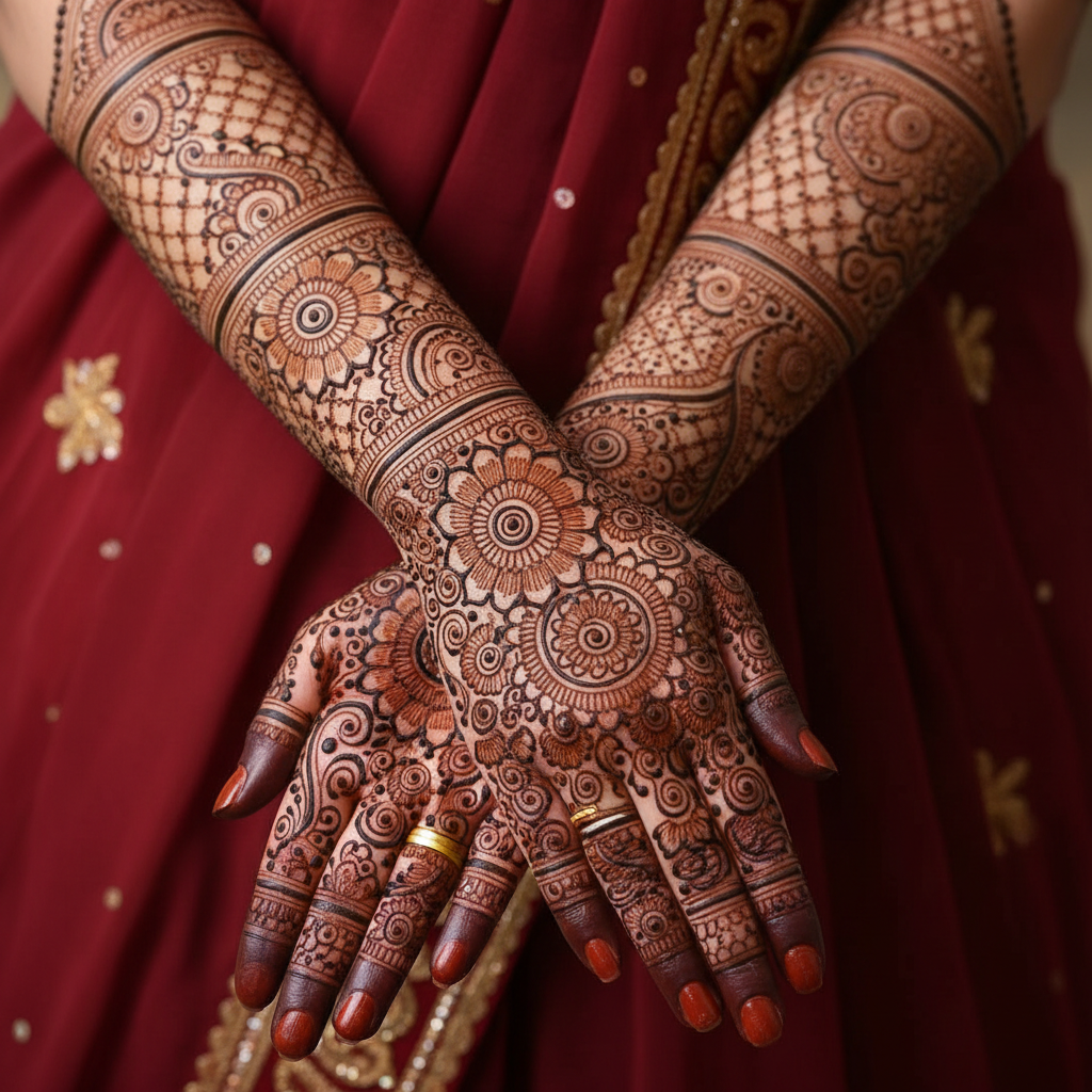 Rajasthani full hand bridal mehndi with peacock and palace motifs, rich henna tones