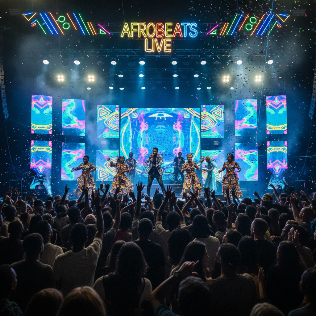 Nigerian music video production set, Afrobeats artist performing, vibrant stage lighting, professional crew