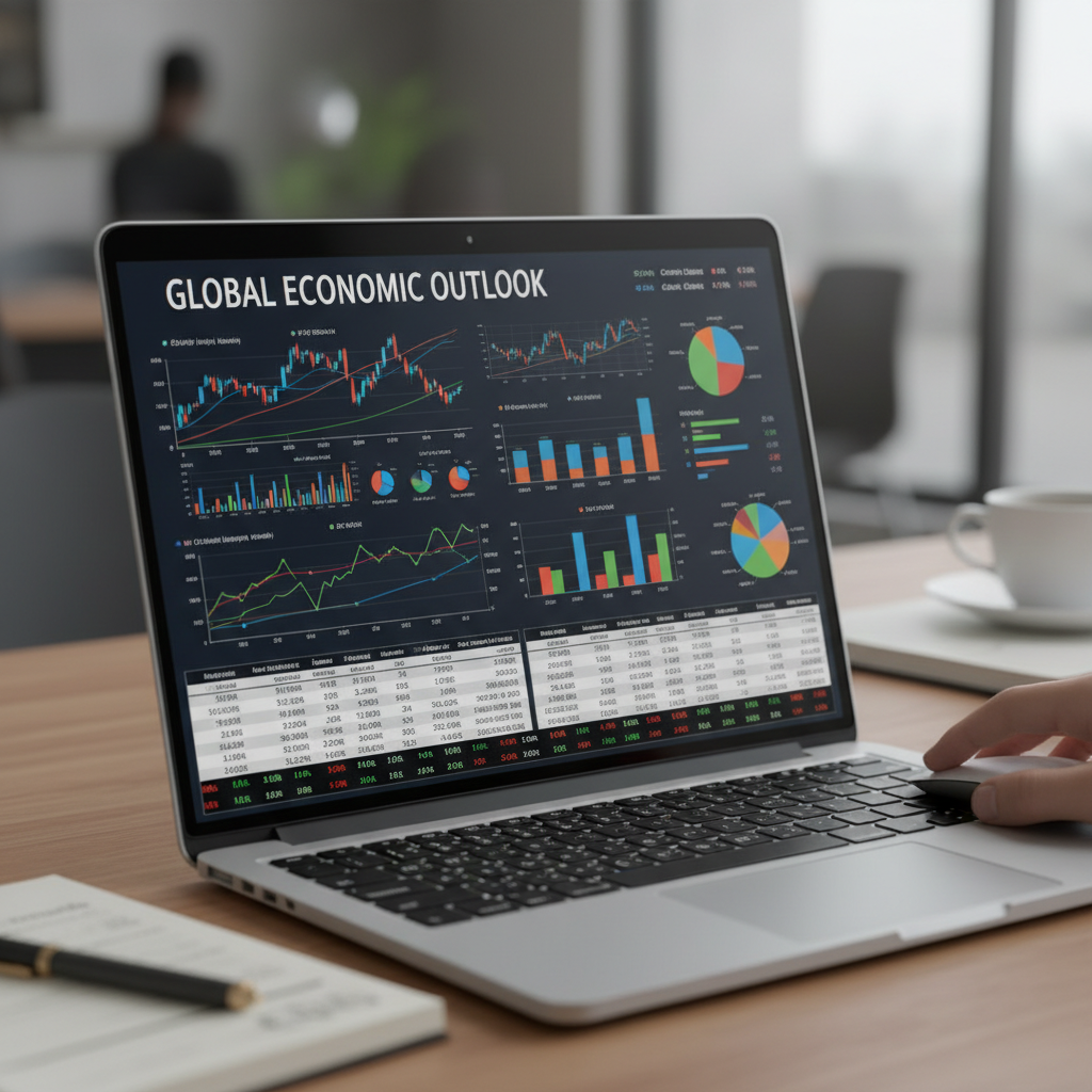Economics charts and financial graphs on a laptop screen, professional office